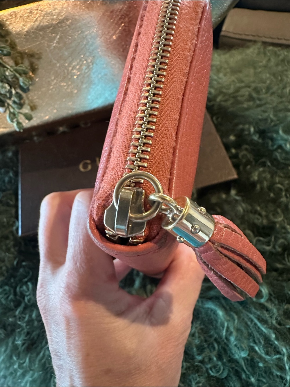 Authentic Gucci Coral-ish Leather Zip Wallet with Tassel - Picture 6 of 12